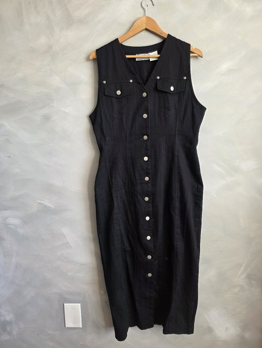 Vintage True Blue Black Denim Sleeveless Button Front Utility Midi Dress L 90s